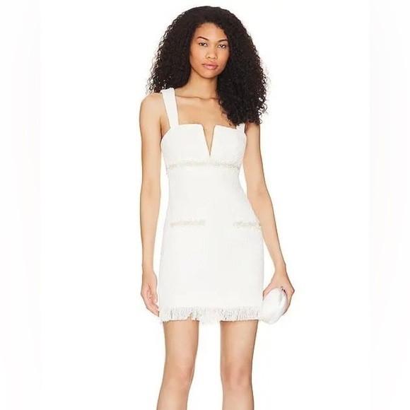 NWT MAJORELLE Tricia White Sleeveless V-Neck Pearl Beaded Tweed Mini Dress Sz M - Picture 1 of 14